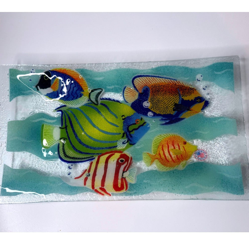 Vintage Handcrafted Fused Glass Tropical Fish Plate Handmade In America 14x8